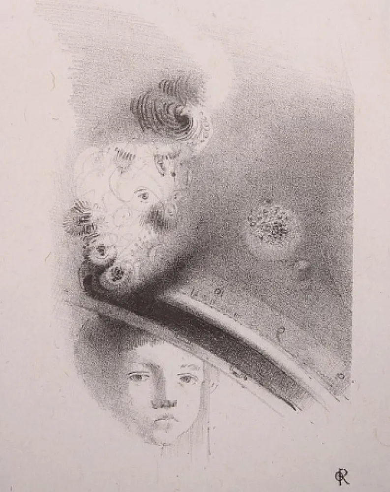 Lithograph Redon - Tete d'enfant, de face....