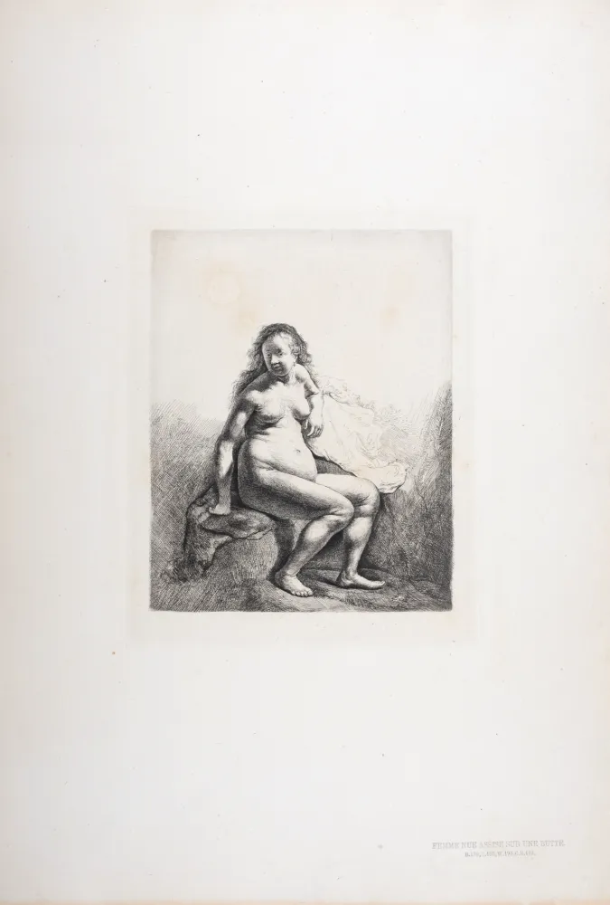 Rotogravure Rembrandt - Femme nue assise sur une butte