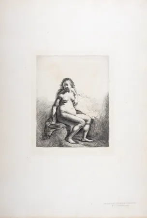 Rotogravure Rembrandt - Femme nue assise sur une butte