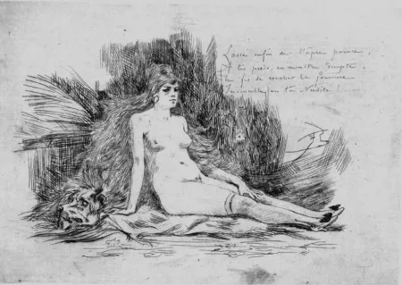 Engraving Rops - La petite femme a la fourrure assise