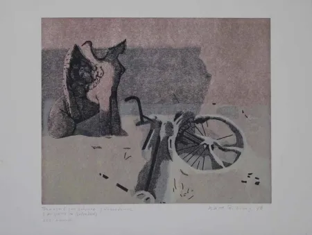 Linocut Rössing - Fahrrad im Schnee (Der Sphinx im Belvedere)