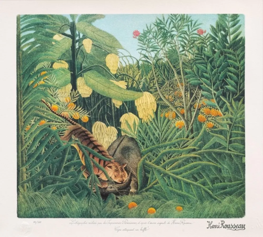 Lithograph Rousseau - Tigre atacando a un búfalo