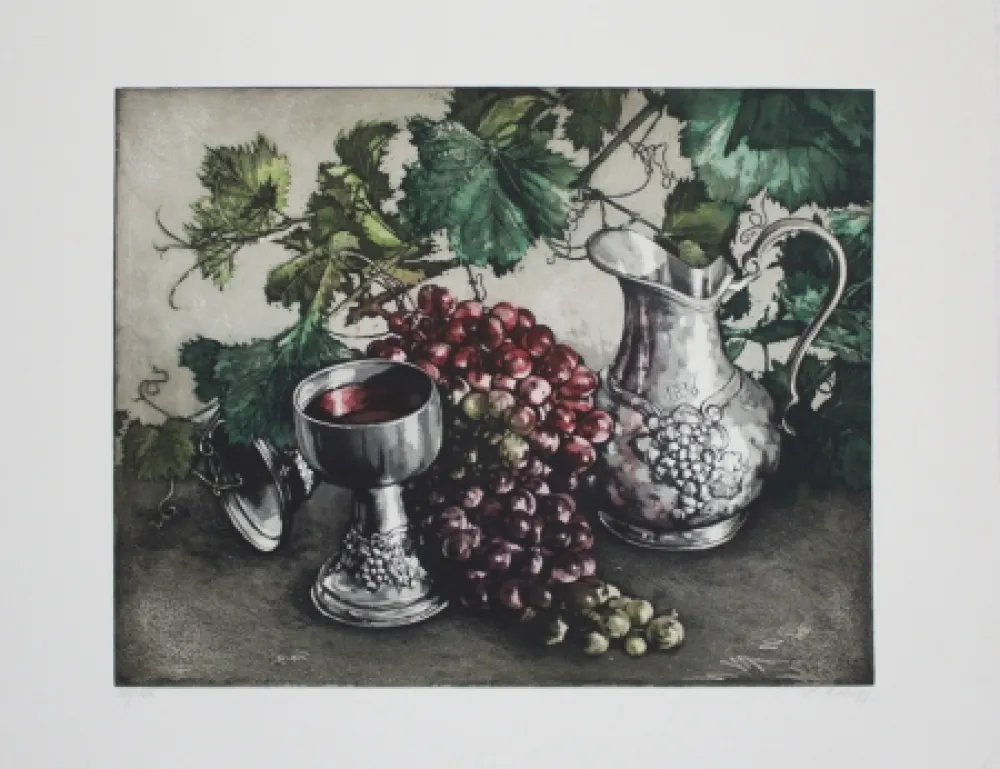 Etching And Aquatint Rusch - Stilleben mit Wein / Still Life with Wine