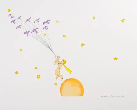 Lithograph Saint-Exupéry - Le Petit Prince en route vers une autre planète