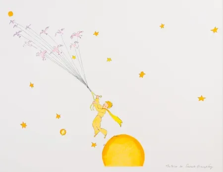 Lithograph Saint-Exupéry - Le Petit Prince en route vers une autre planète