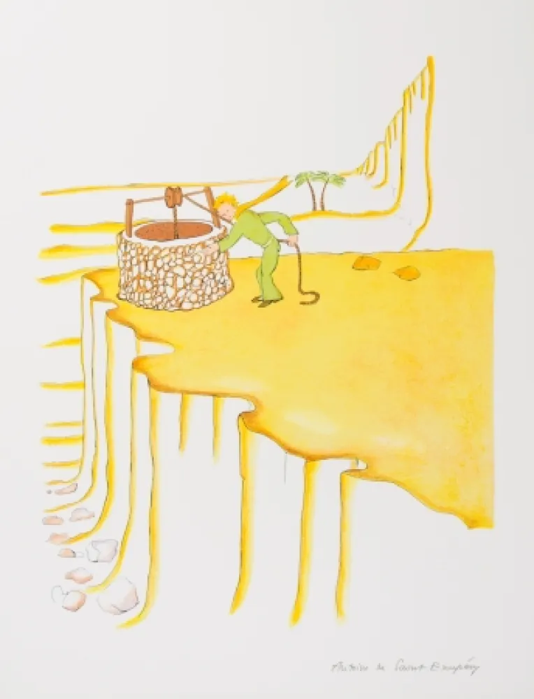 Lithograph Saint-Exupéry - Le Petit Prince et le puit dans le désert