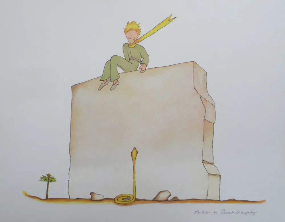 Lithograph Saint-Exupéry - Le petit prince et le serpent au pied du mur
