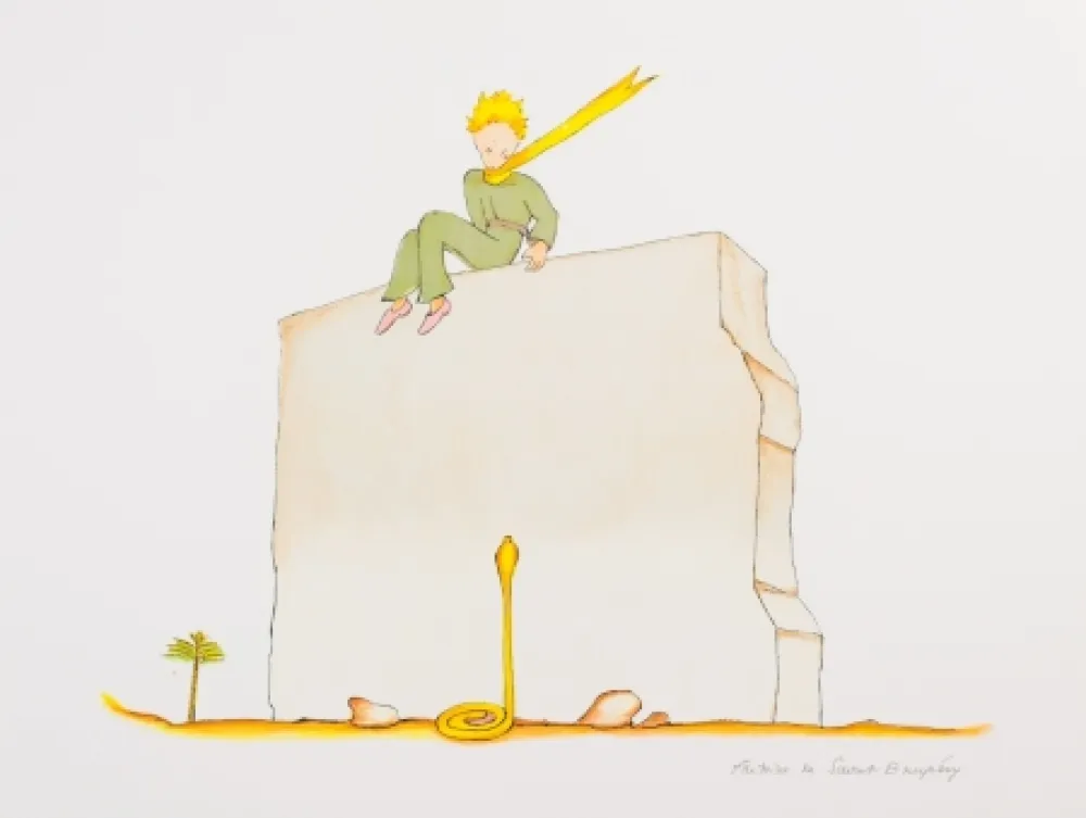 Lithograph Saint-Exupéry - Le Petit Prince et le serpent au pied du mur