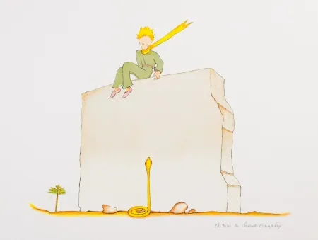 Lithograph Saint-Exupéry - Le Petit Prince et le serpent au pied du mur