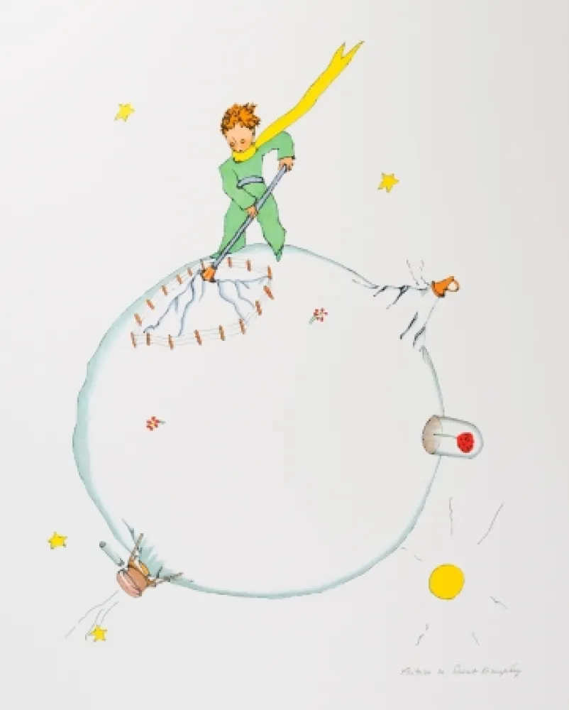 Lithograph Saint-Exupéry - Le Petit Prince et le volcan