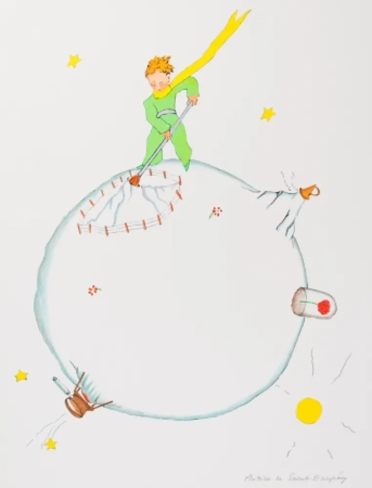 Lithograph Saint-Exupéry - Le Petit Prince et le volcan