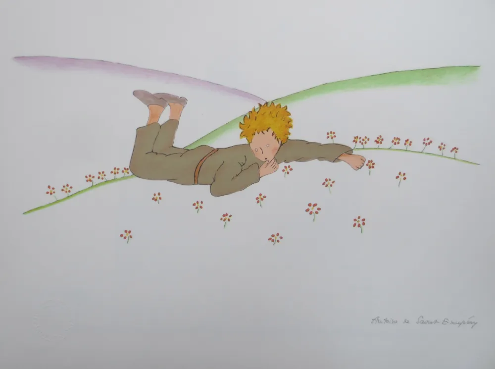 Lithograph Saint-Exupéry - Le petit prince parmi les fleurs