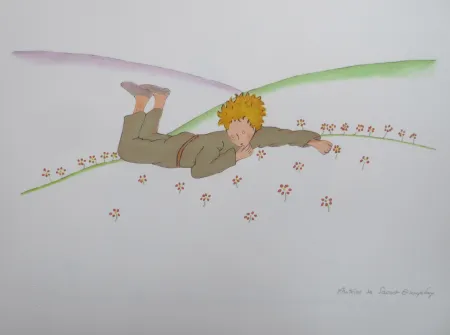 Lithograph Saint-Exupéry - Le petit prince parmi les fleurs
