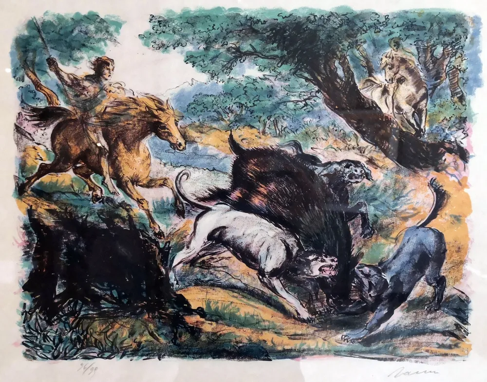 Lithograph Sassu - Caccia al cinghiale