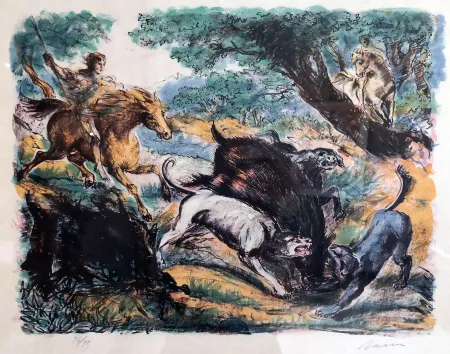 Lithograph Sassu - Caccia al cinghiale