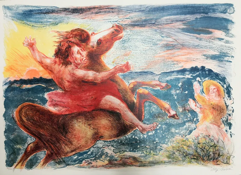 Lithograph Sassu - Fuga dalla peste