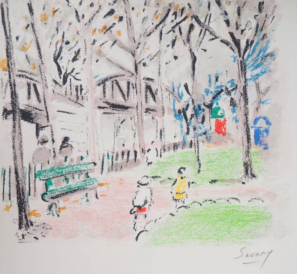 Lithograph Savary - Paris, Parc près du métro aérien