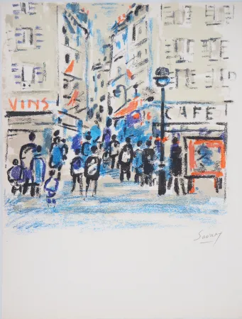 Lithograph Savary - Rue animée dans le Marais