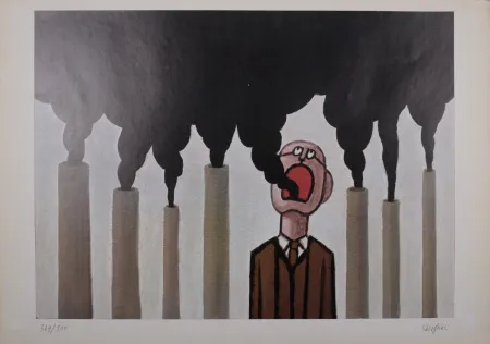 Lithograph Savignac - Pollution