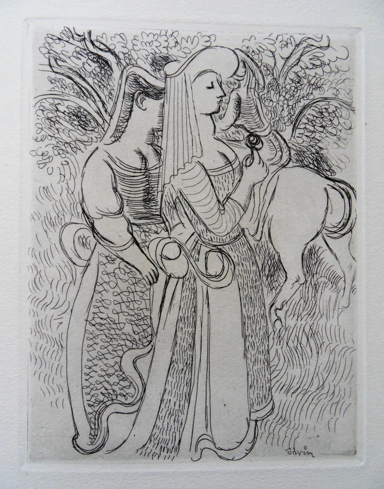 Etching Savin  - Princesse et sa suivante au jardin