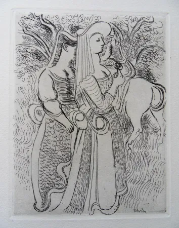 Etching Savin  - Princesse et sa suivante au jardin