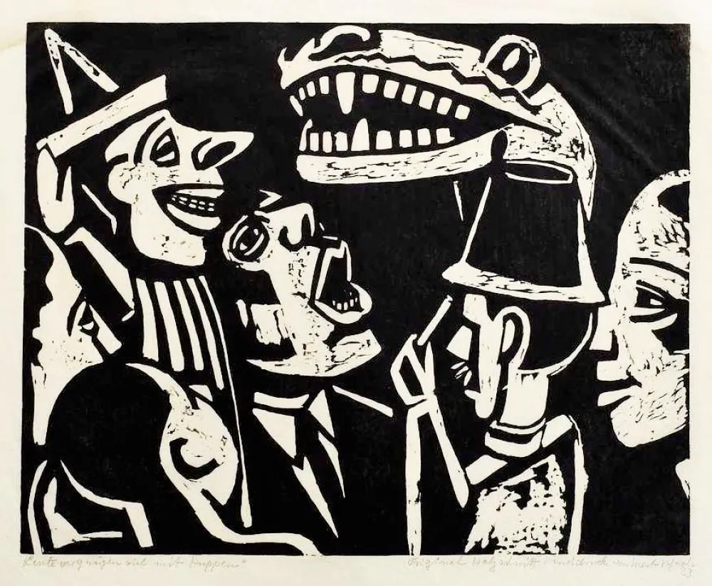 Woodcut Scheele - Leute vergnügen sich mit Puppen (People having fun with puppets)