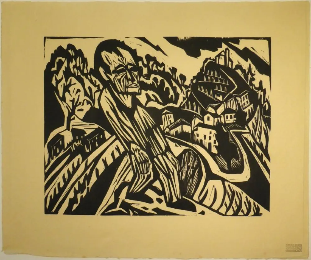 Woodcut Scherer - Figur in Landschaft