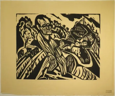 Woodcut Scherer - Figur in Landschaft