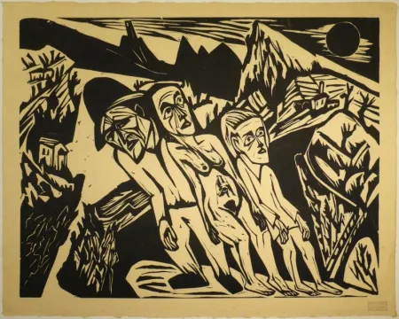 Woodcut Scherer - Figuren in Landschaft