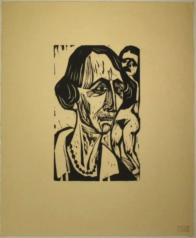 Woodcut Scherer - Frauenkopf mit Akt