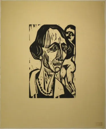 Woodcut Scherer - Frauenkopf mit Akt