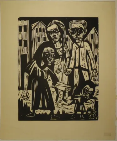 Woodcut Scherer - Vier Figuren vor Häusern