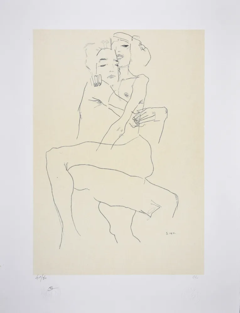 Lithograph Schiele - Couple enlacé / couple embracing - 1911