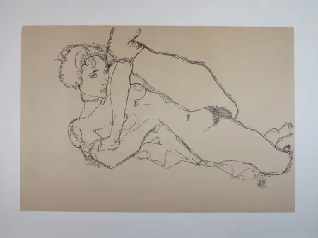 Lithograph Schiele - La danseuse nue  / The nude dancer, 1914 (Recicling nude, left leg raised - Liegender Akt mit angezogenem linken Bein) 