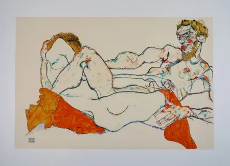 Lithograph Schiele - LE DRAP ROUGE / THE RED SHEET - 1913