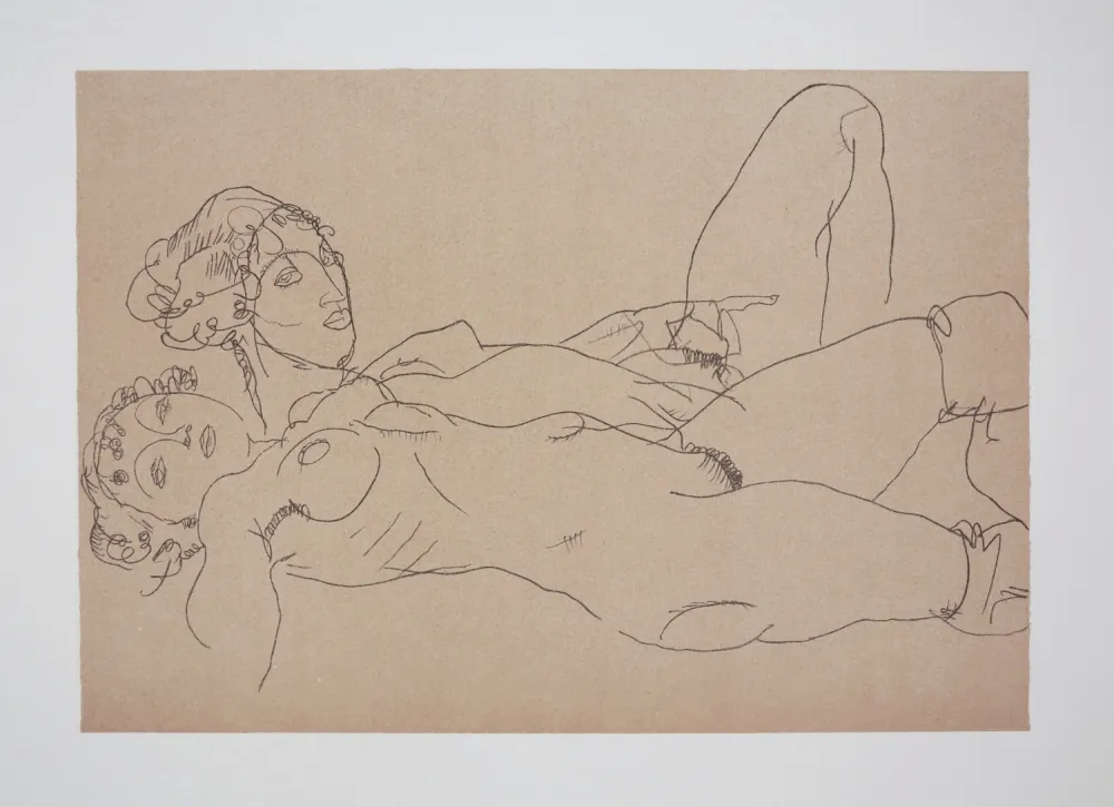Lithograph Schiele - Les 2 filles / Two girls, 1914 (Two recicling nude girls)
