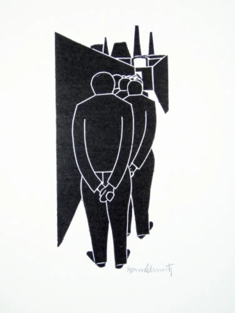 Linocut Schmitz - Arbeitergang (Going to Work)
