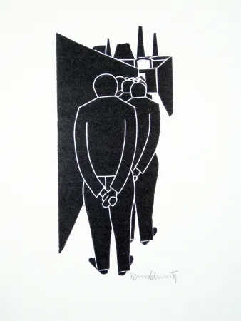 Linocut Schmitz - Arbeitergang (Going to Work)