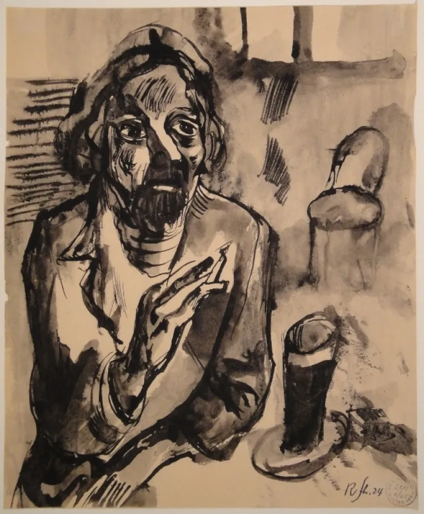 No Technical Schürch - Männliches Porträt (Selbstporträt) mit Glas und Stuhl