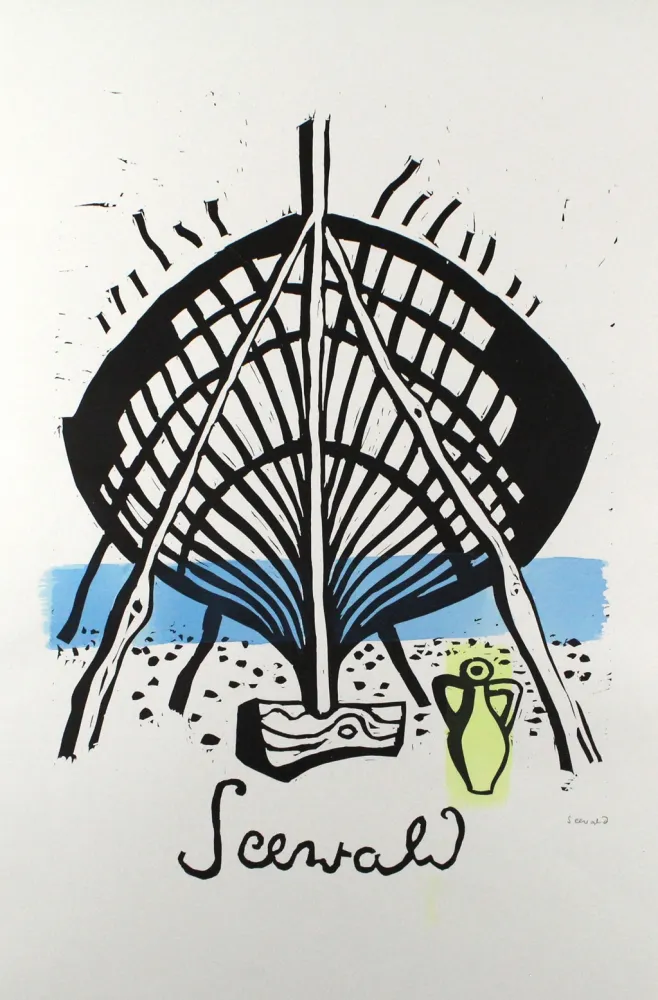 Linocut Seewald - Bootswerft Korfu