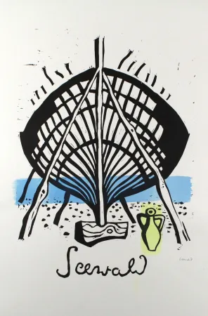 Linocut Seewald - Bootswerft Korfu
