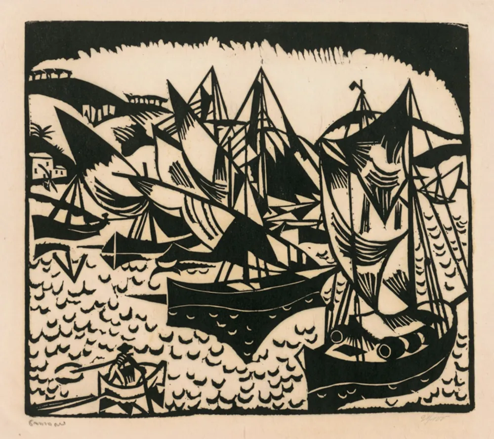 Woodcut Seewald - Sailing Barques (Elba)