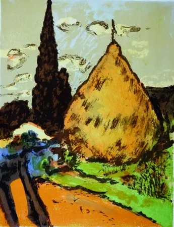 Lithograph Soffici - Cipressi e pagliaio