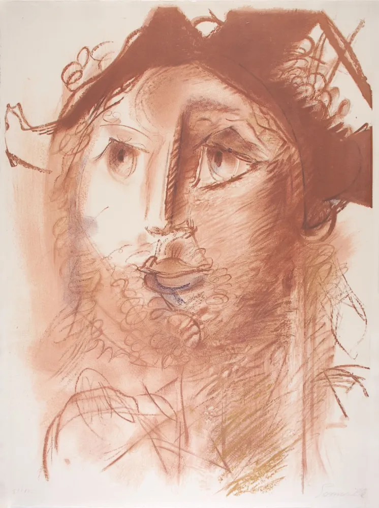 Lithograph Somville - Tête d'Arlequin - SEPIA