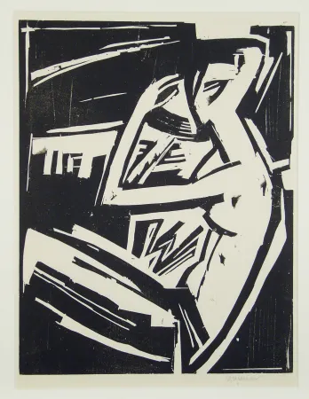 Woodcut Stegemann - Nackte Frau sich kämmend (Naked woman combing her hair)