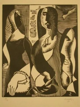 Woodcut Survage - Femmes Cubistique