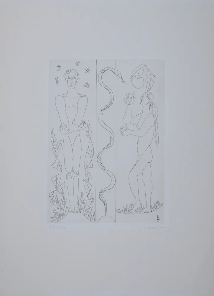 Etching Survage - Jardin d'Eden : Adam et Eve, vers 1930 - Hand-signed
