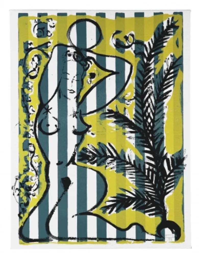 Screenprint Szczesny - Nude with Palms on Green Stripes