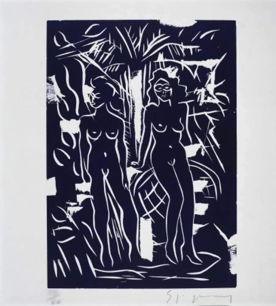 Linocut Szczesny - Two Women in Blue