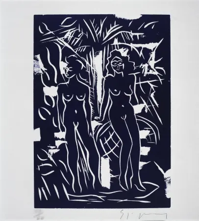 Linocut Szczesny - Two Women in Blue